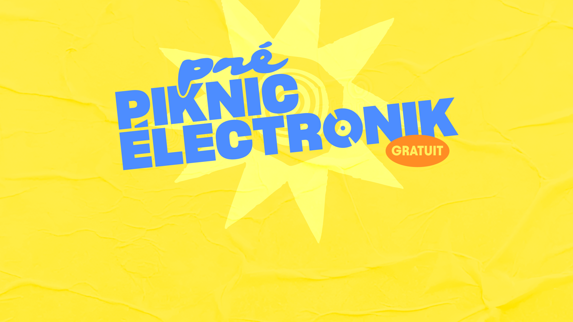 Logo bleu de l'événement Pré-Piknic Électronik au Casino de Montréal sur un fond jaune, avec la mention « Gratuit ».