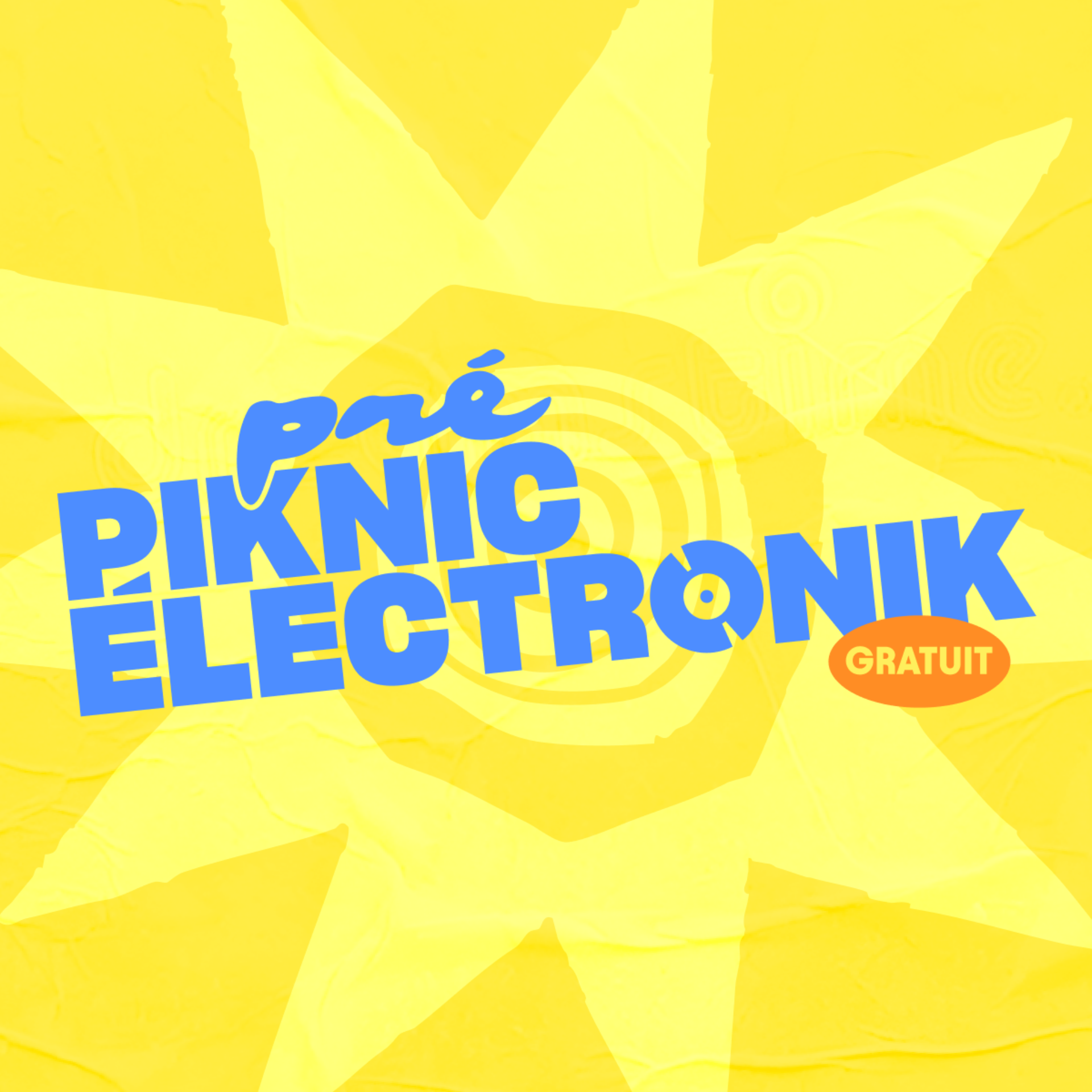 Logo bleu de l'événement Pré-Piknic Électronik au Casino de Montréal sur un fond jaune, avec la mention « Gratuit ».