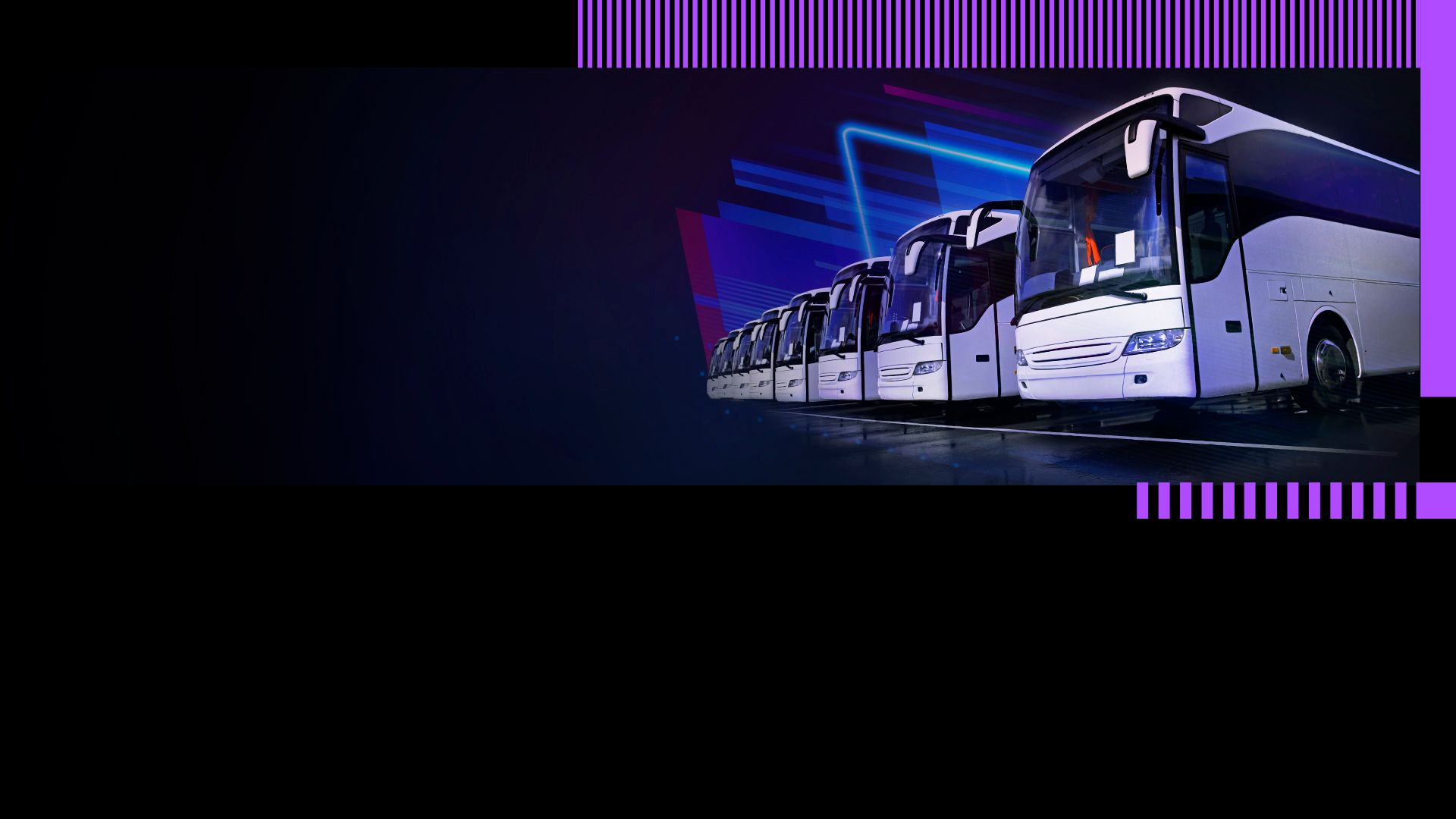 Plusieurs autobus stationnés un à la suite de l’autre sur un fond bleu avec effet de néon. 