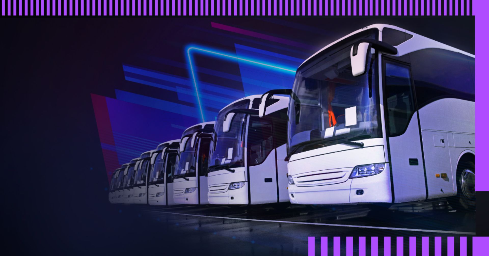 Plusieurs autobus stationnés un à la suite de l’autre sur un fond bleu avec effet de néon. 