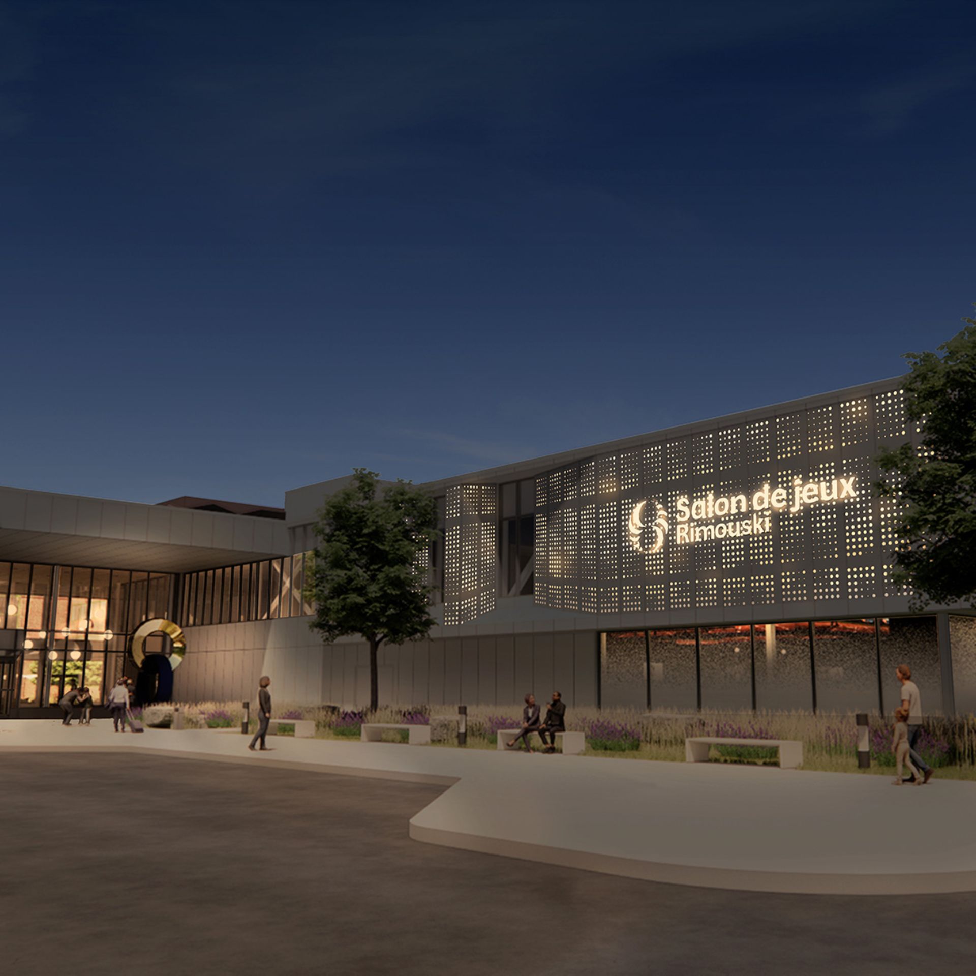 Depiction of the upcoming Salon de jeux de Rimouski at dusk.