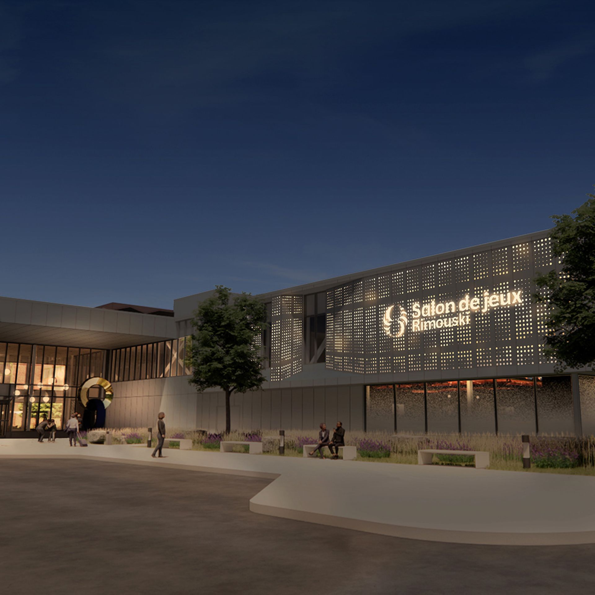 Depiction of the upcoming Salon de jeux de Rimouski at dusk.