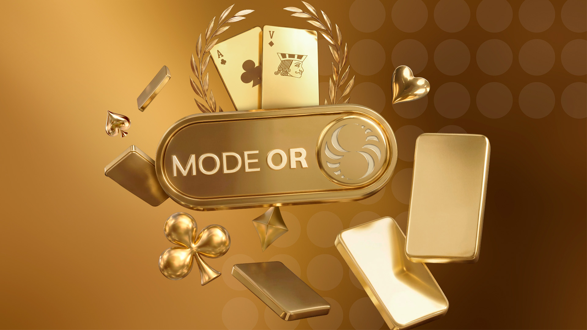 Gold-coloured game cards, bay leaves and sign marks depicting a Blackjack game, with a Gold Mode logo and a black background.