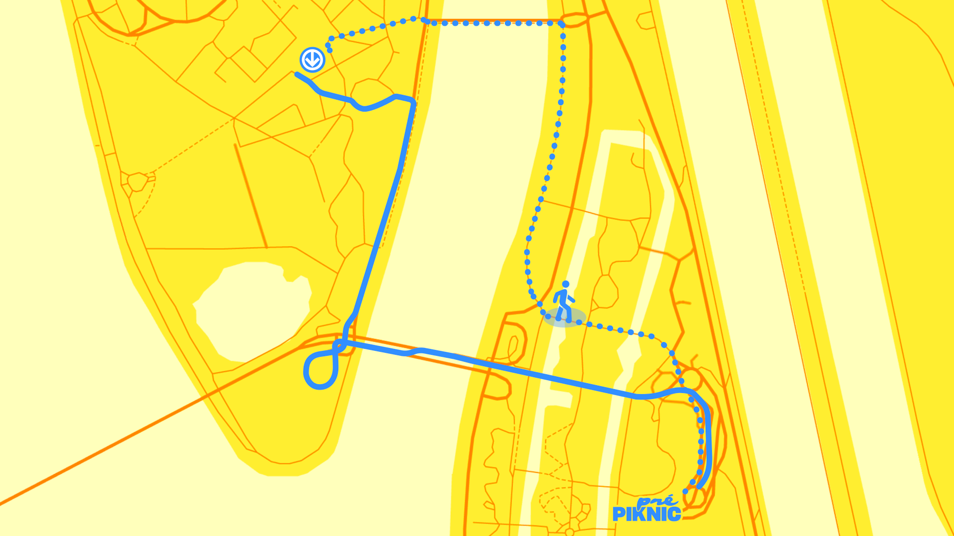 Carte directionnelle de l'île Sainte-Hélène illustrant le trajet entre la station de métro Jean-Drapeau et le Casino de Montréal, où se tiennent les événements Pré-Piknic Électronik. La carte, sur fond jaune aux couleurs de l'événement, indique le parcours à suivre.